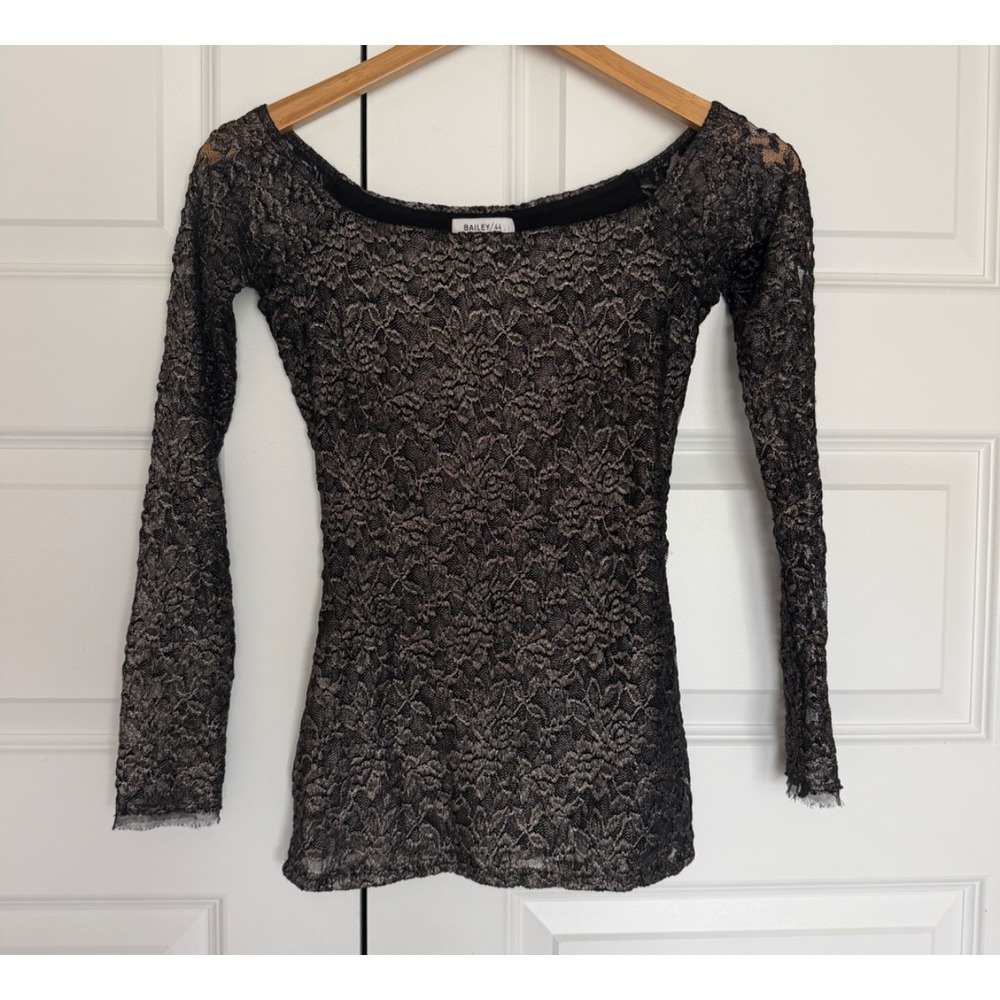 Bailey 44 Womens Long Sleeve Lace Top Blouse Black Silver Size XSmall